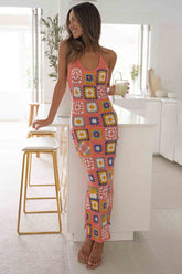 Multicolor Pattern Crochet Halter Slit Vacation Maxi Dresses